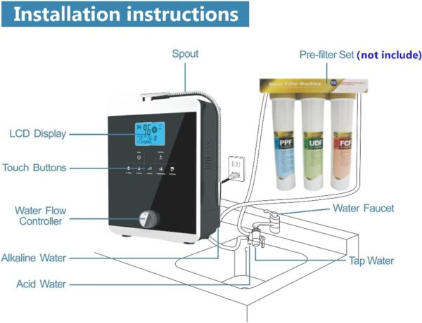 Ionizzatore d'Acqua Alcalina PH 3-11, Fino a -800 mV ORP, 8000 Litri